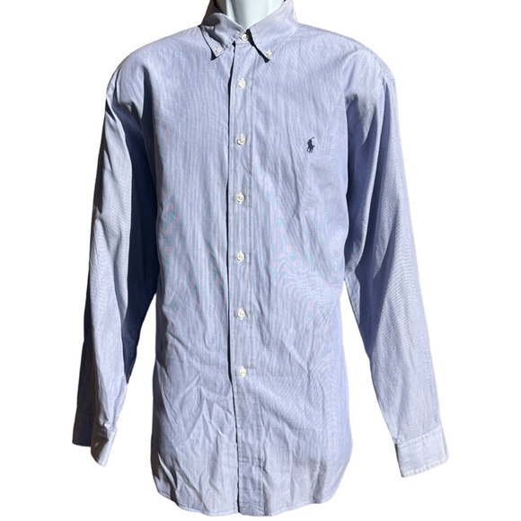 Sz16 Yarmouth Ralph Lauren Blue Whit Pin Stripe Long Sleeve Button Down Shirt - Picture 2 of 3
